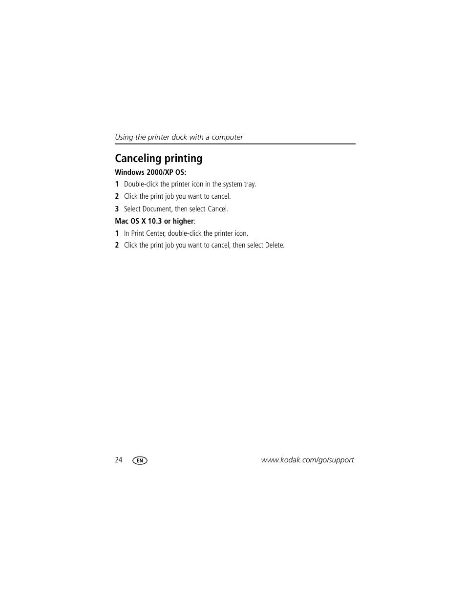 Canceling printing | Kodak G610 User Manual | Page 30 / 59