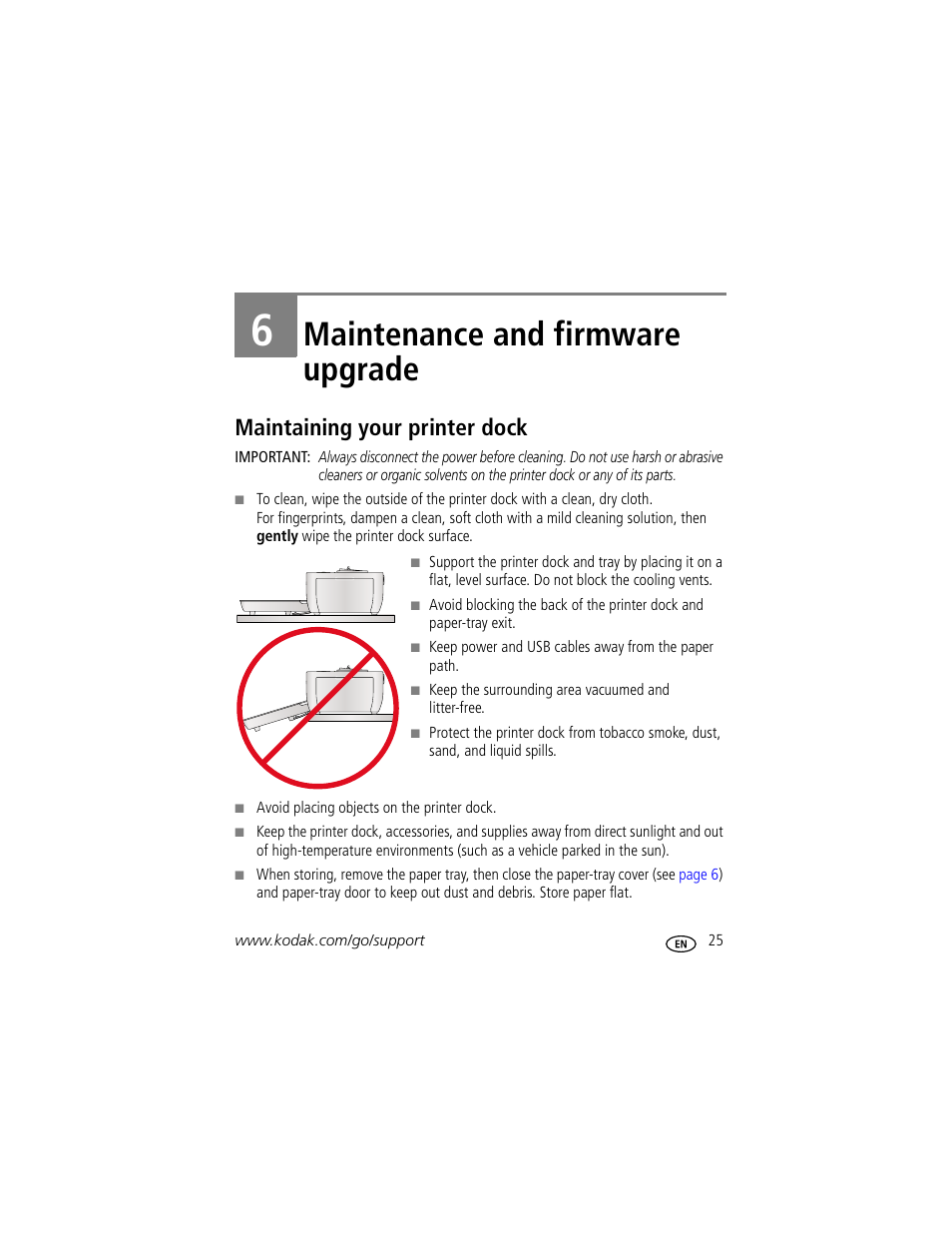 Maintenance and firmware upgrade, Maintaining your printer dock, 6 maintenance and firmware upgrade | Kodak G610 User Manual | Page 31 / 59