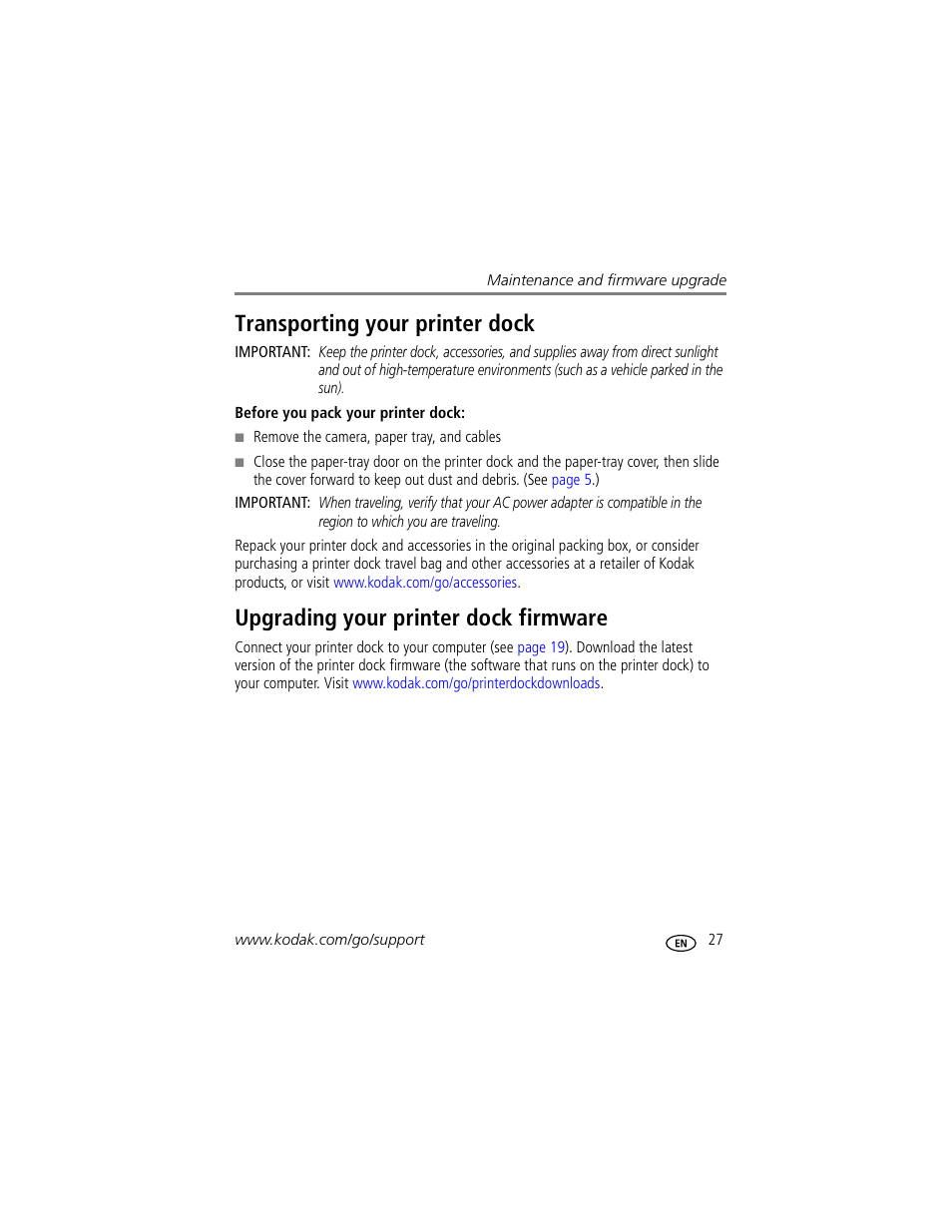 Transporting your printer dock, Upgrading your printer dock firmware | Kodak G610 User Manual | Page 33 / 59