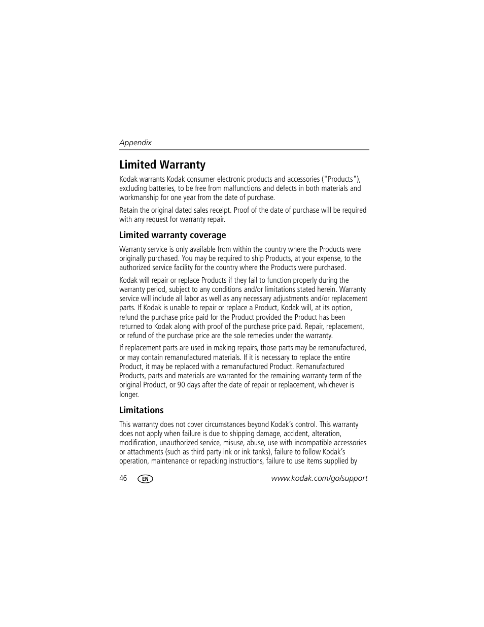 Limited warranty, Limited warranty coverage, Limitations | Kodak G610 User Manual | Page 52 / 59