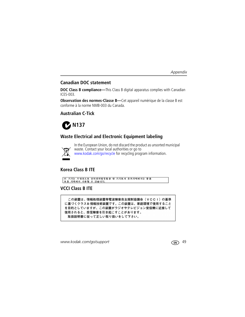 Canadian doc statement, Australian c-tick, Waste electrical and electronic equipment labeling | Korea class b ite, Vcci class b ite, N137 | Kodak G610 User Manual | Page 55 / 59