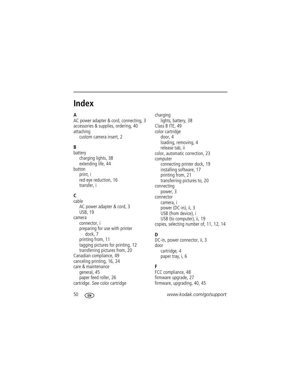 Index | Kodak G610 User Manual | Page 56 / 59