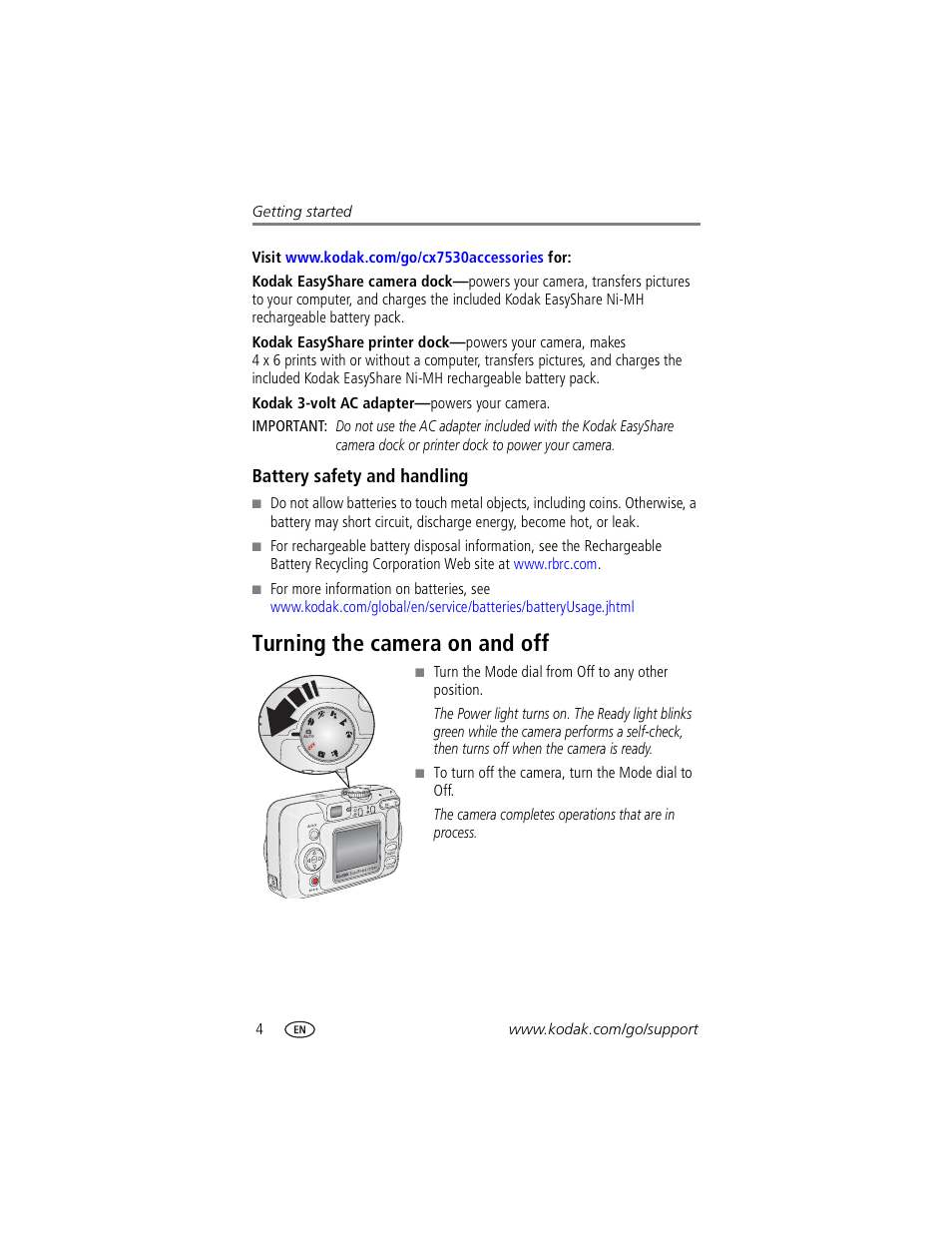 Battery safety and handling, Turning the camera on and off | Kodak CX7530 User Manual | Page 10 / 67