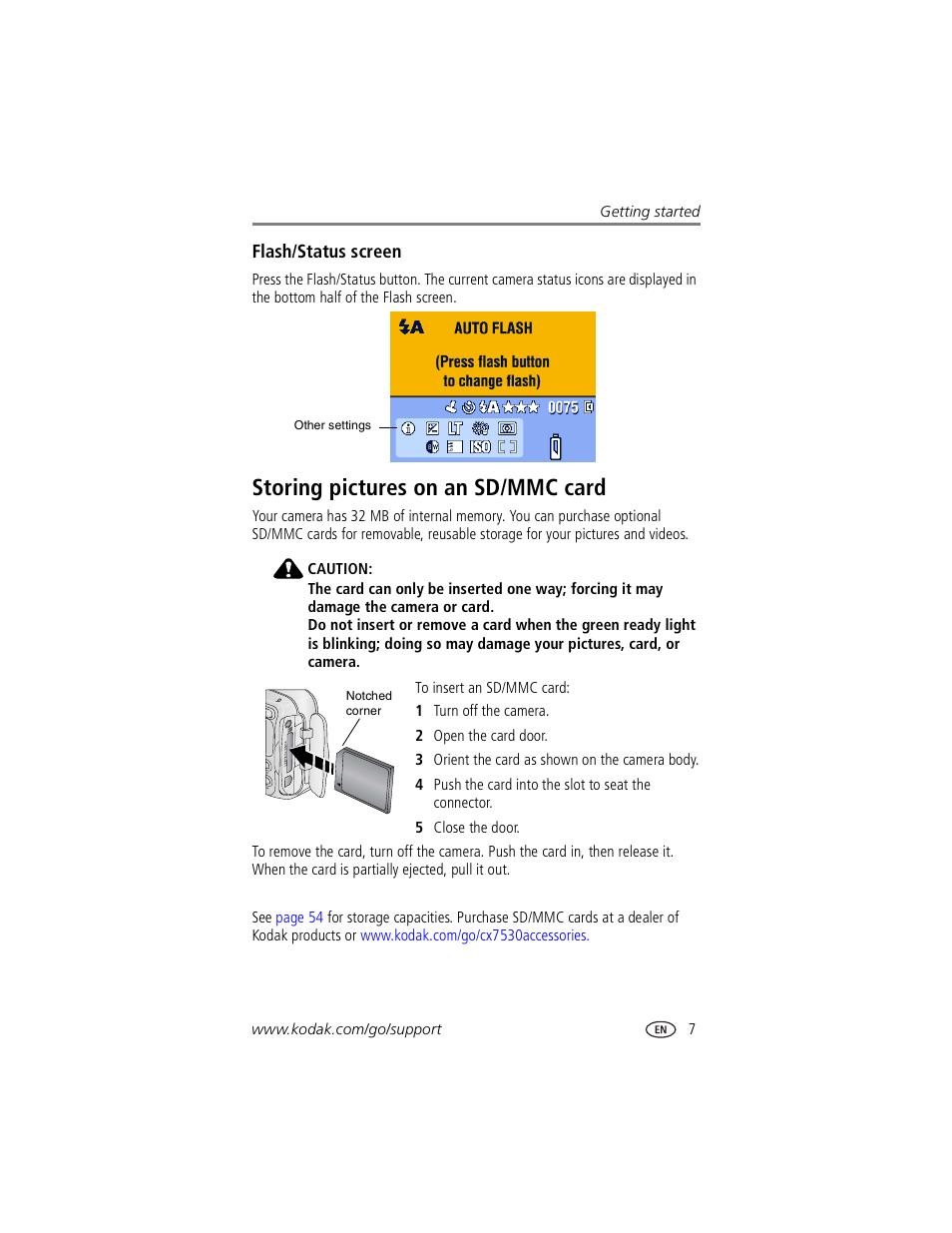 Flash/status screen, Storing pictures on an sd/mmc card | Kodak CX7530 User Manual | Page 13 / 67
