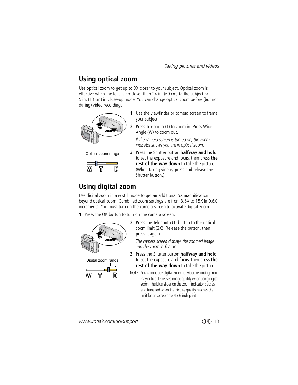 Using optical zoom, Using digital zoom, Using optical zoom using digital zoom | Kodak CX7530 User Manual | Page 19 / 67