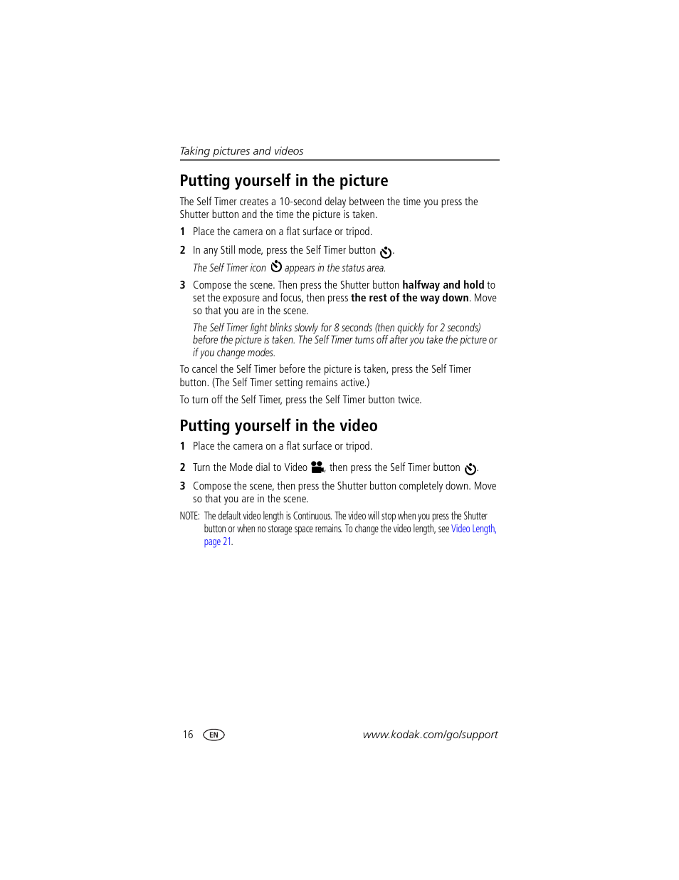 Putting yourself in the picture, Putting yourself in the video | Kodak CX7530 User Manual | Page 22 / 67