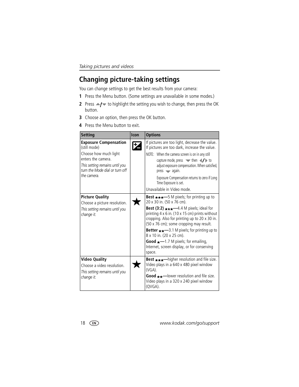 Changing picture-taking settings | Kodak CX7530 User Manual | Page 24 / 67