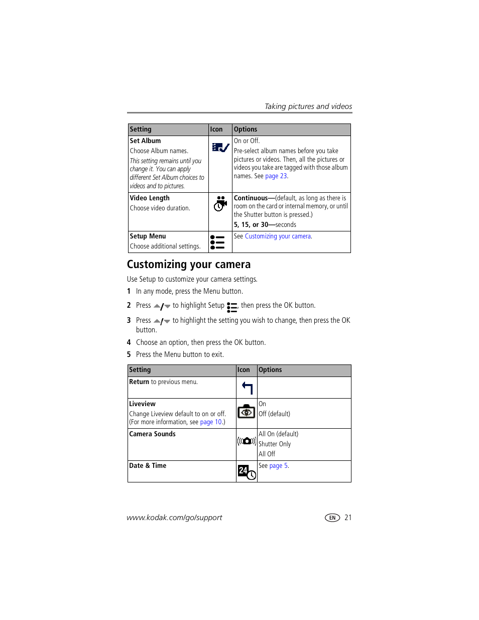 Customizing your camera, Liveview | Kodak CX7530 User Manual | Page 27 / 67
