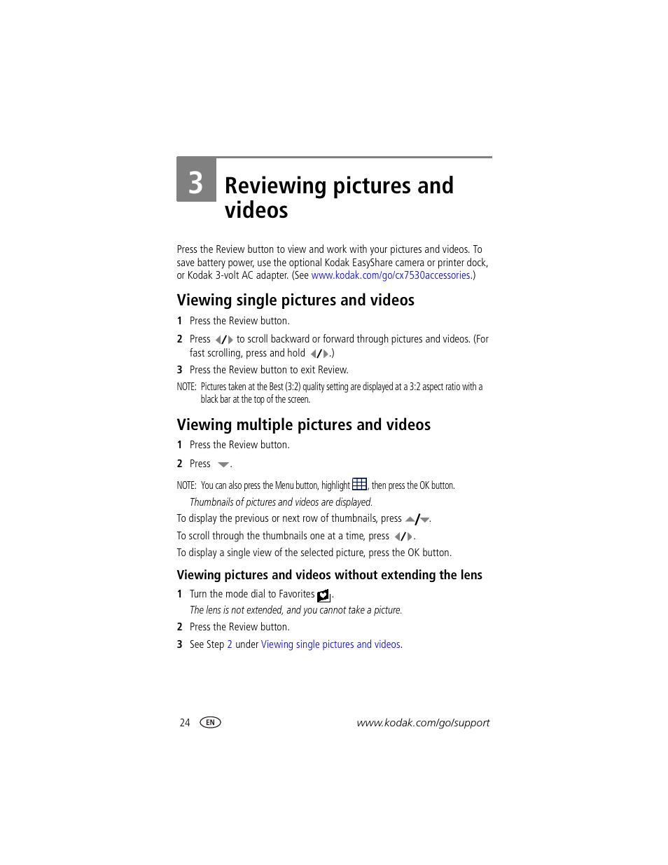Reviewing pictures and videos, Viewing single pictures and videos, Viewing multiple pictures and videos | 3 reviewing pictures and videos | Kodak CX7530 User Manual | Page 30 / 67