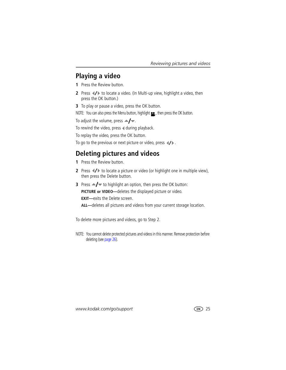 Playing a video, Deleting pictures and videos, Playing a video deleting pictures and videos | Kodak CX7530 User Manual | Page 31 / 67