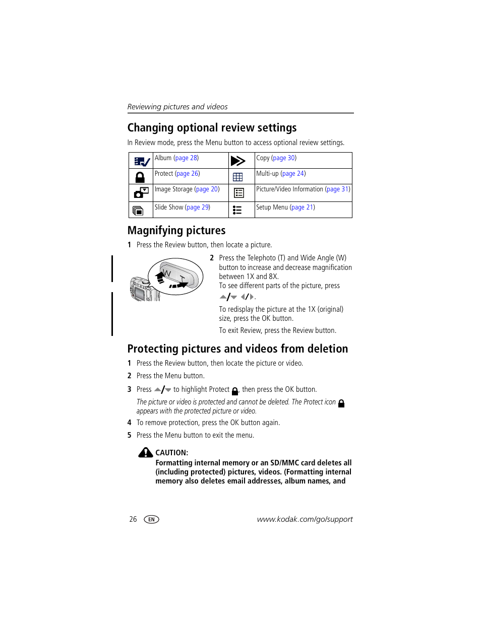Changing optional review settings, Magnifying pictures, Protecting pictures and videos from deletion | Kodak CX7530 User Manual | Page 32 / 67