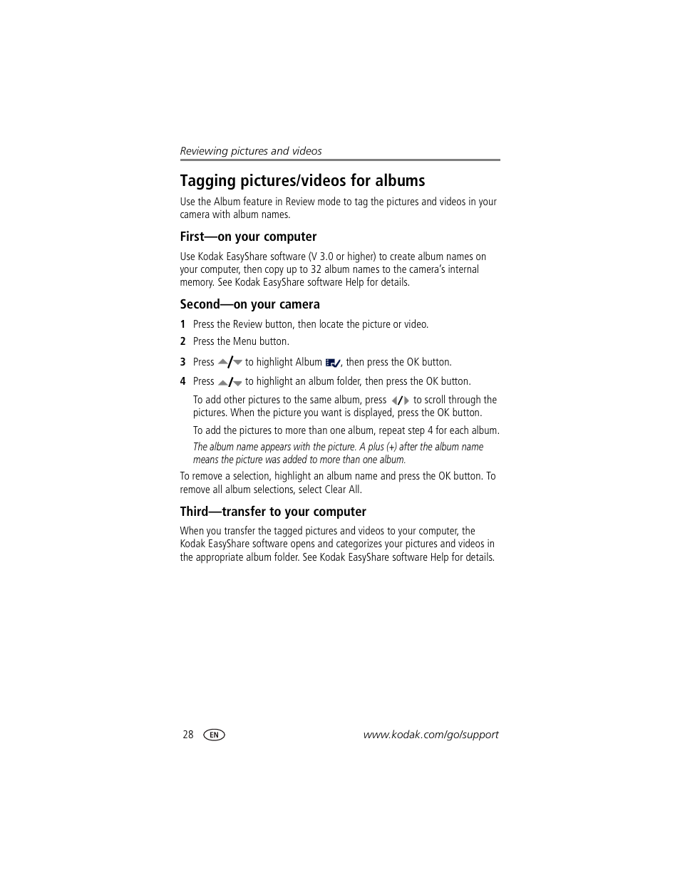 Tagging pictures/videos for albums, First-on your computer, Second-on your camera | Third-transfer to your computer | Kodak CX7530 User Manual | Page 34 / 67