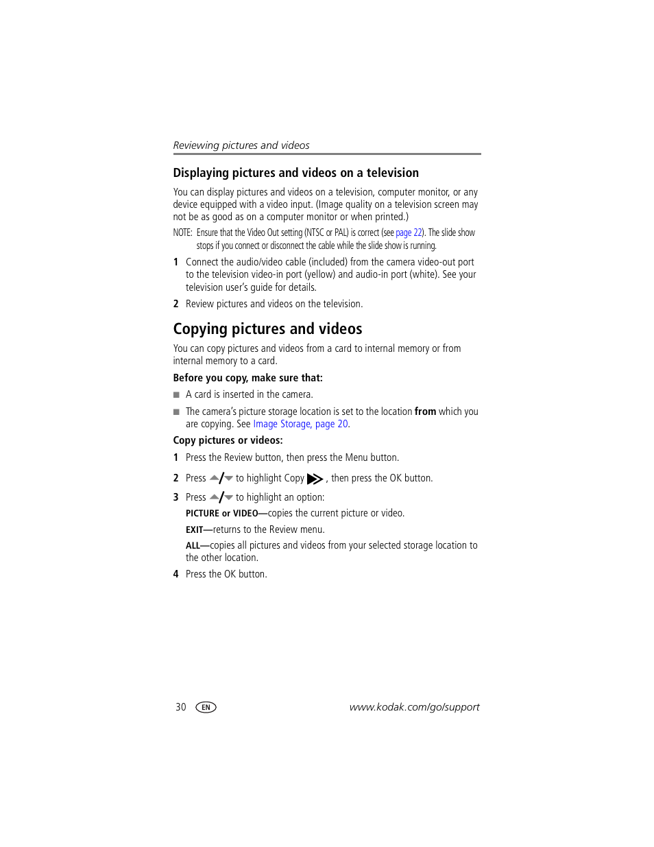 Displaying pictures and videos on a television, Copying pictures and videos | Kodak CX7530 User Manual | Page 36 / 67