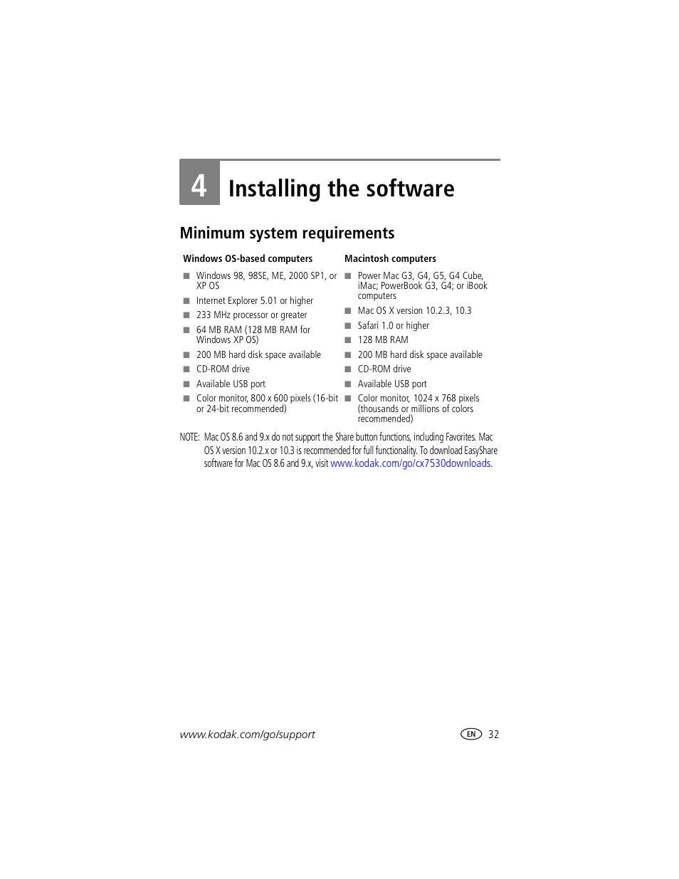 Installing the software, Minimum system requirements, 4 installing the software | Kodak CX7530 User Manual | Page 38 / 67