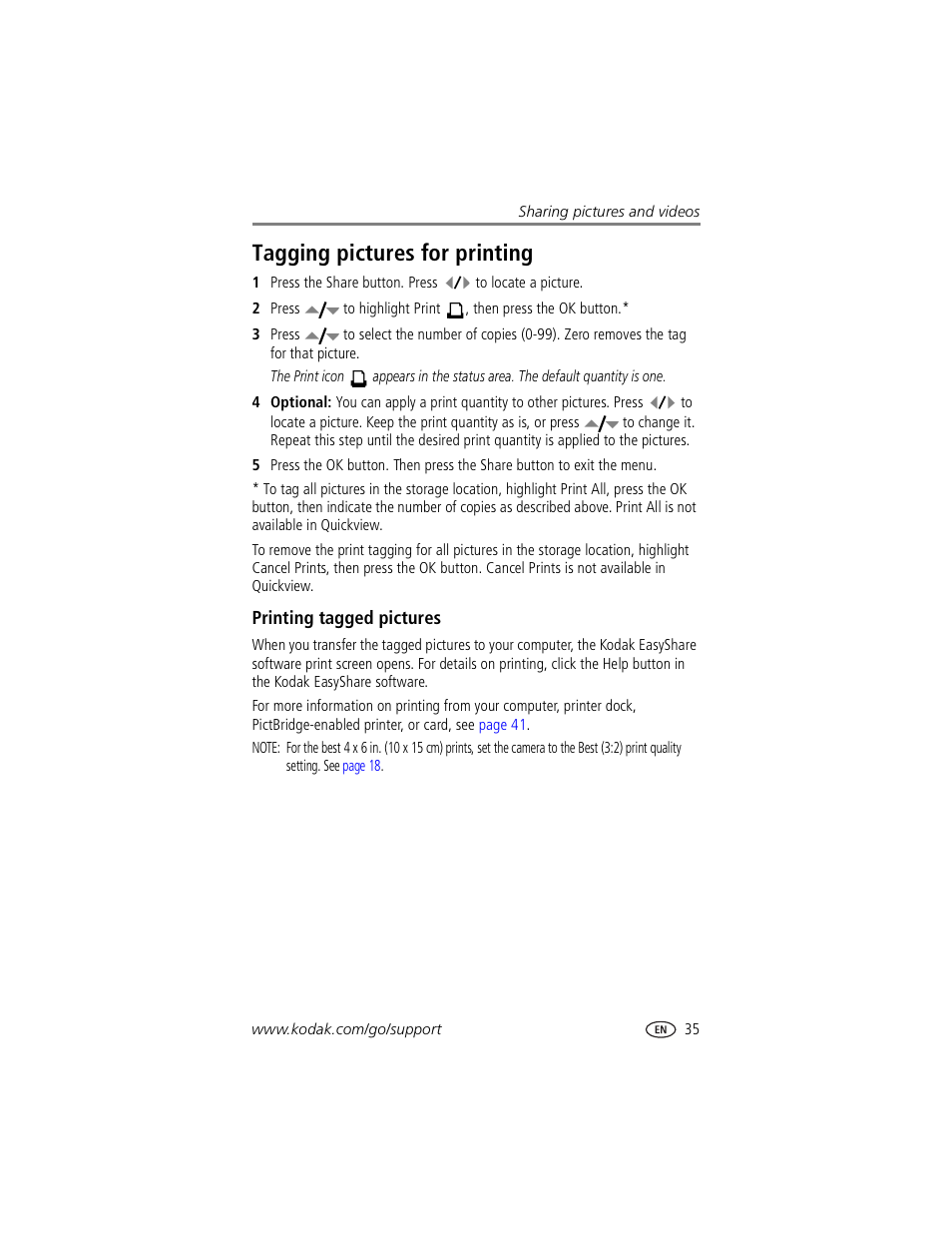 Tagging pictures for printing, Printing tagged pictures | Kodak CX7530 User Manual | Page 41 / 67