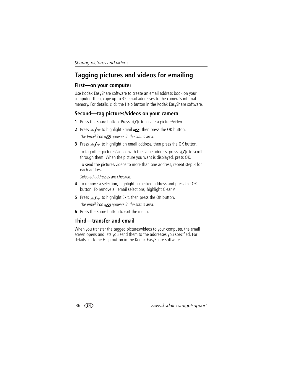 Tagging pictures and videos for emailing, First-on your computer, Second-tag pictures/videos on your camera | Third-transfer and email | Kodak CX7530 User Manual | Page 42 / 67