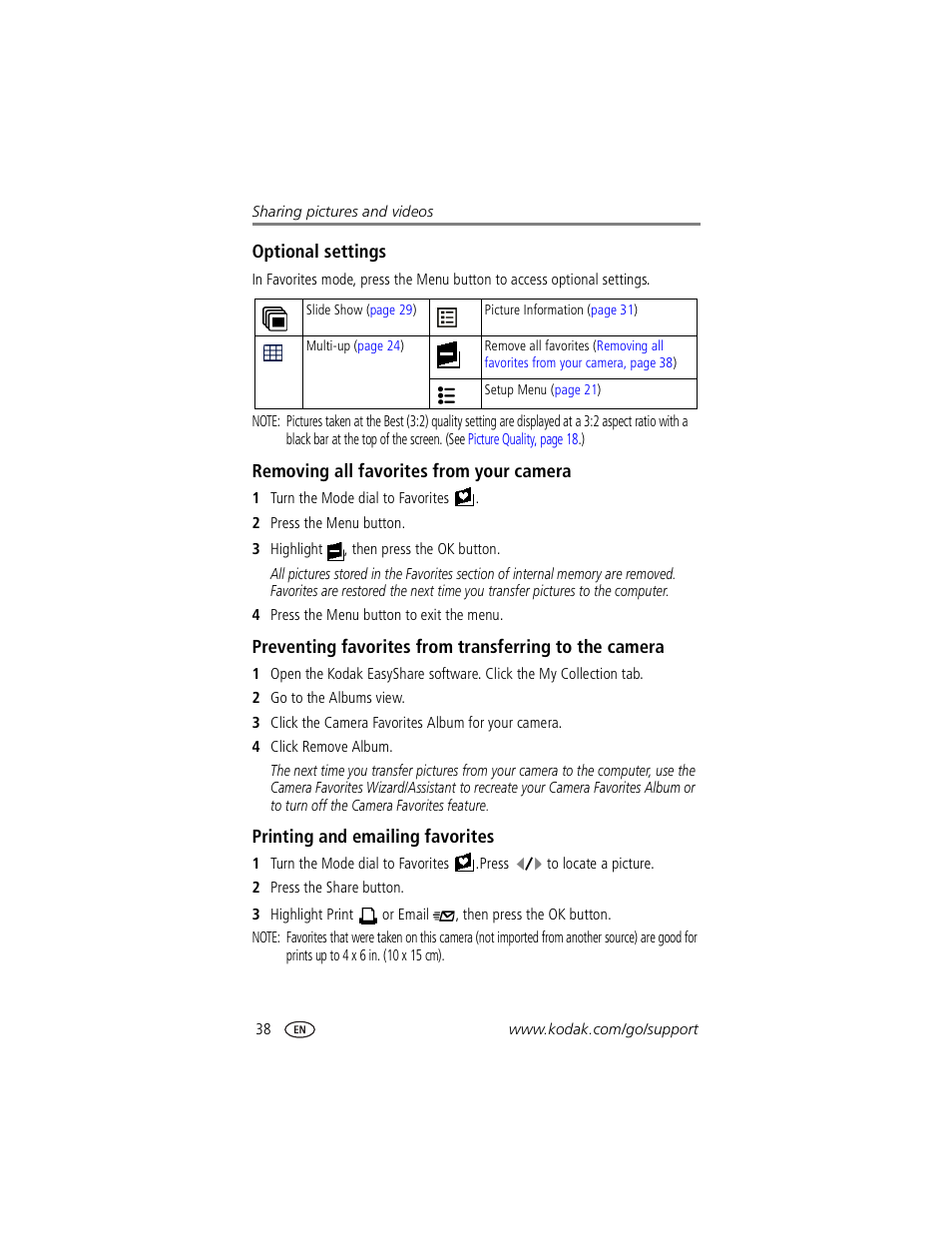 Optional settings, Removing all favorites from your camera, Printing and emailing favorites | Kodak CX7530 User Manual | Page 44 / 67
