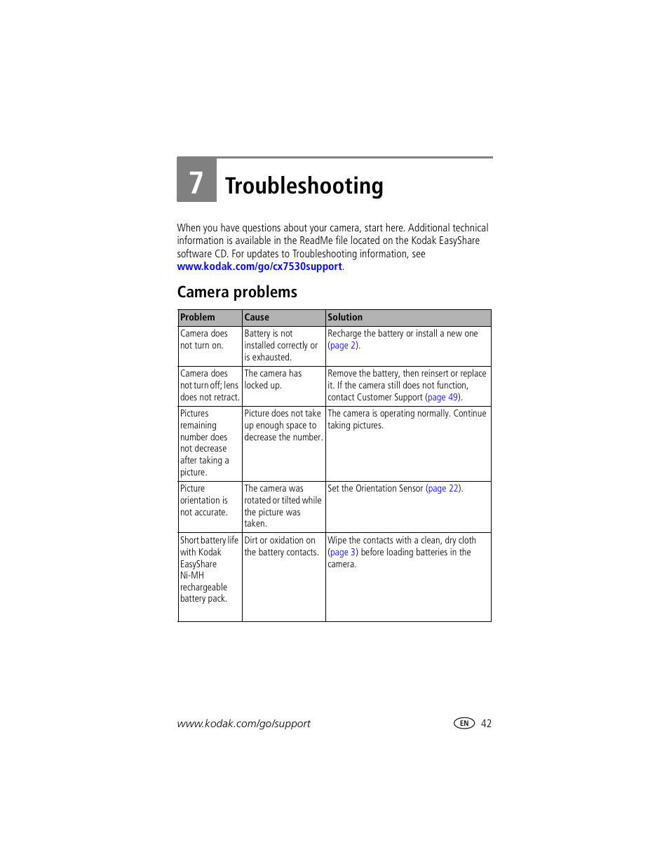 Troubleshooting, Camera problems, 7 troubleshooting | Kodak CX7530 User Manual | Page 48 / 67