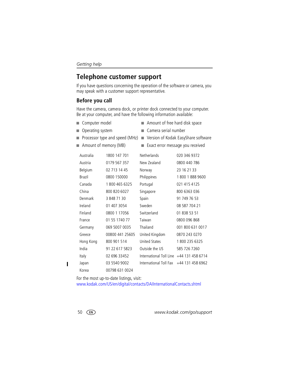 Telephone customer support, Before you call | Kodak CX7530 User Manual | Page 56 / 67