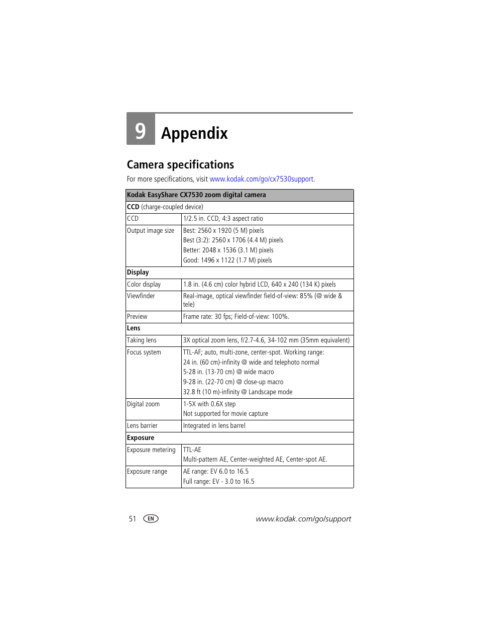 Appendix, Camera specifications, 9 appendix | Kodak CX7530 User Manual | Page 57 / 67