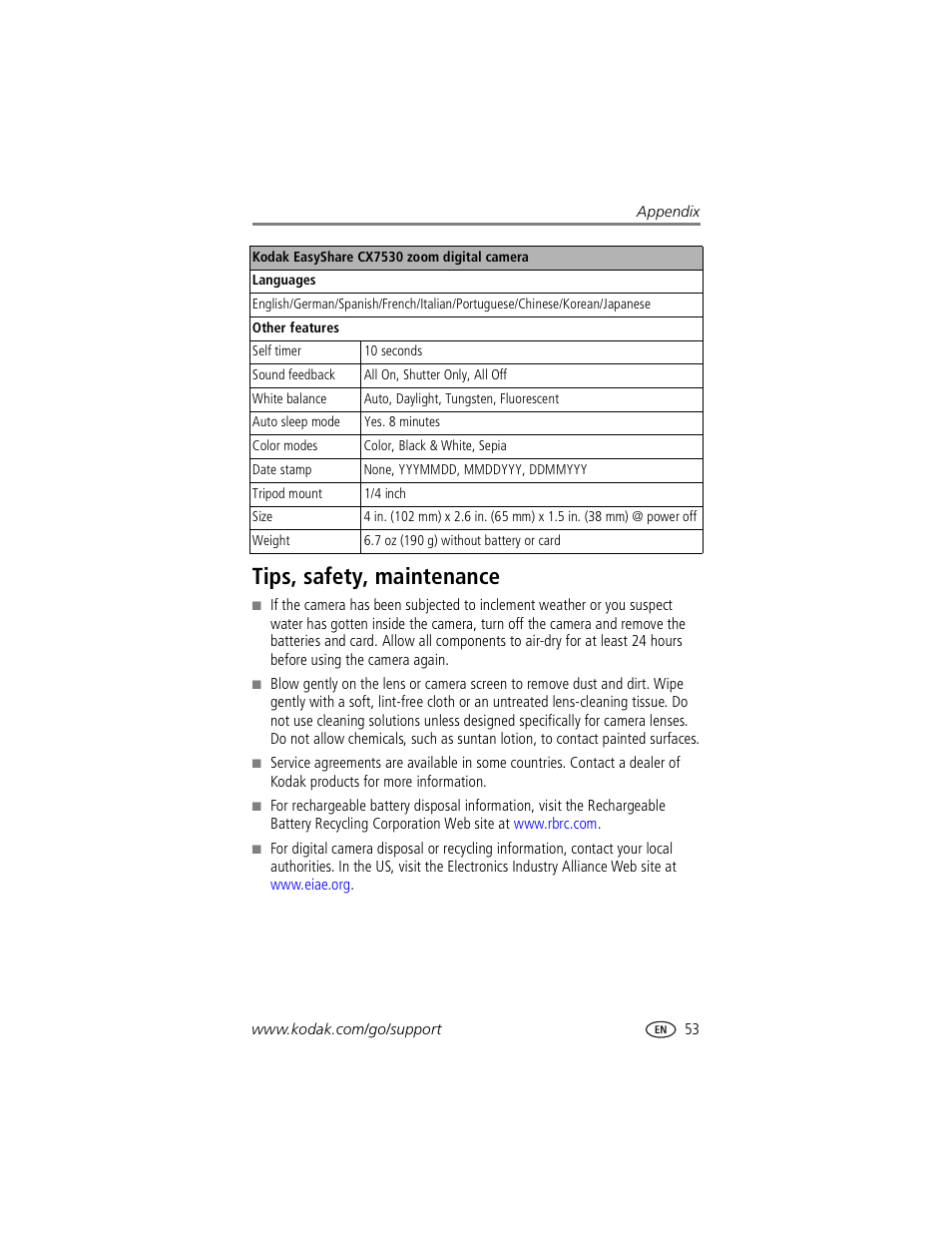 Tips, safety, maintenance | Kodak CX7530 User Manual | Page 59 / 67