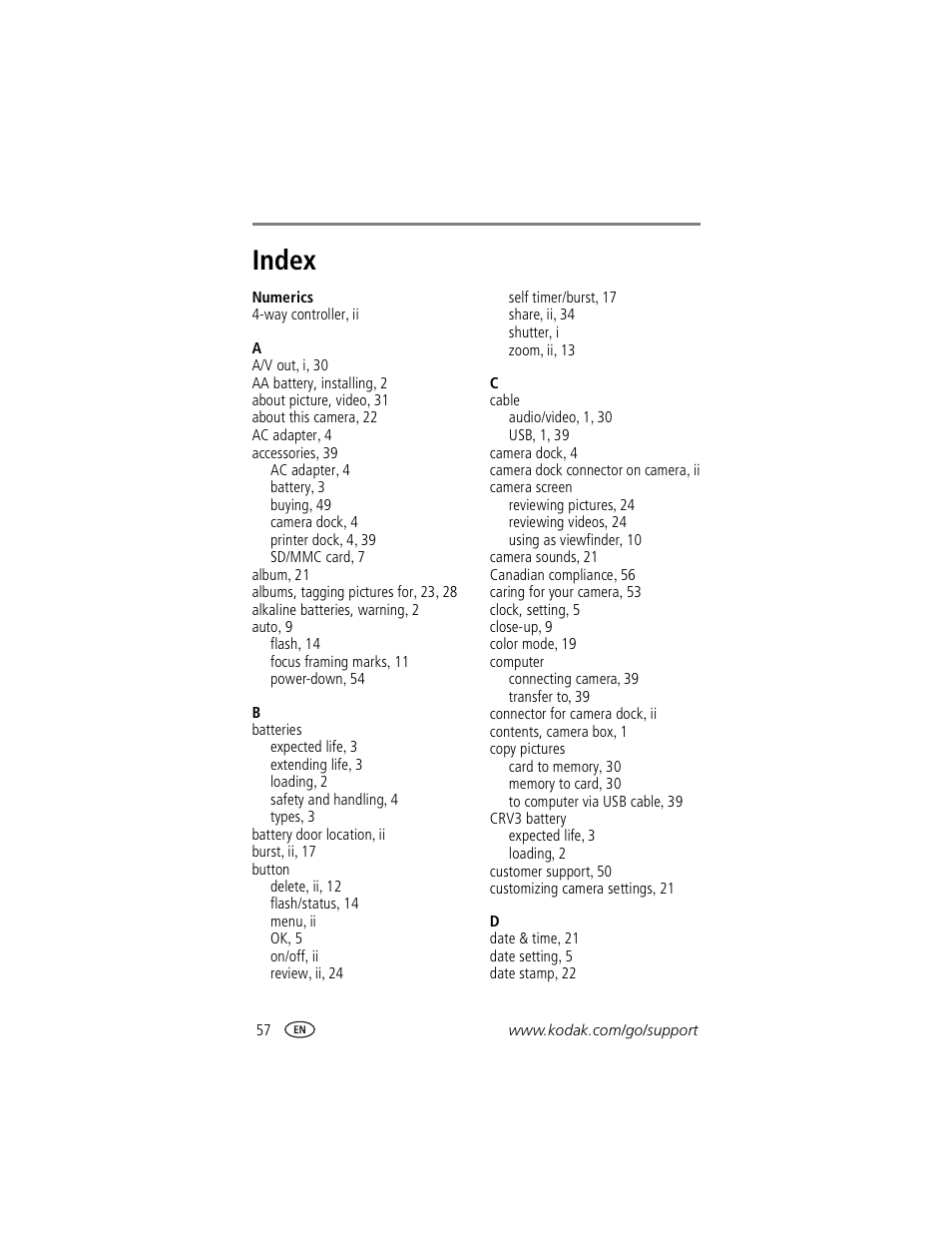 Index | Kodak CX7530 User Manual | Page 63 / 67