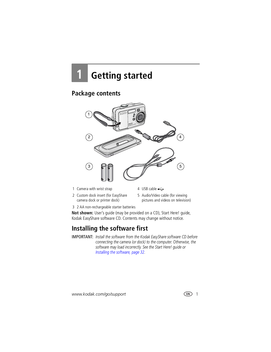 Getting started, Package contents, Installing the software first | 1 getting started, Package contents installing the software first | Kodak CX7530 User Manual | Page 7 / 67