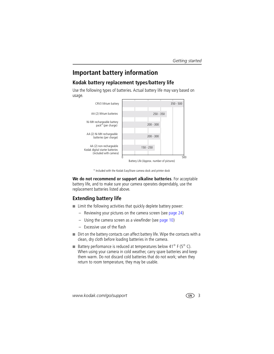 Important battery information, Kodak battery replacement types/battery life, Extending battery life | Kodak battery replacement types/battery, Life | Kodak CX7530 User Manual | Page 9 / 67