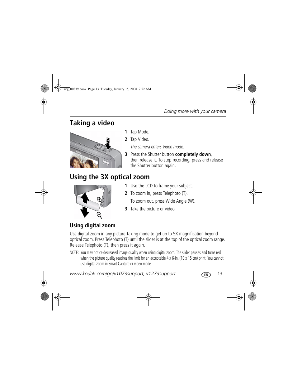 Taking a video, Using the 3x optical zoom | Kodak V1073 User Manual | Page 13 / 27