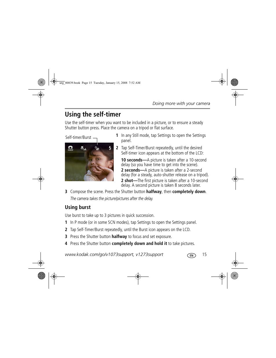 Using the self-timer | Kodak V1073 User Manual | Page 15 / 27