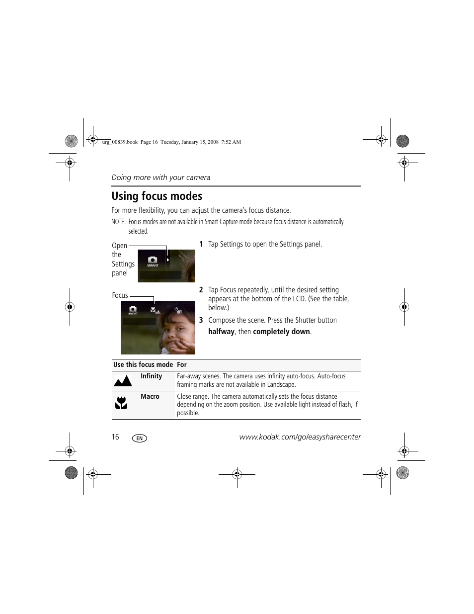 Using focus modes | Kodak V1073 User Manual | Page 16 / 27