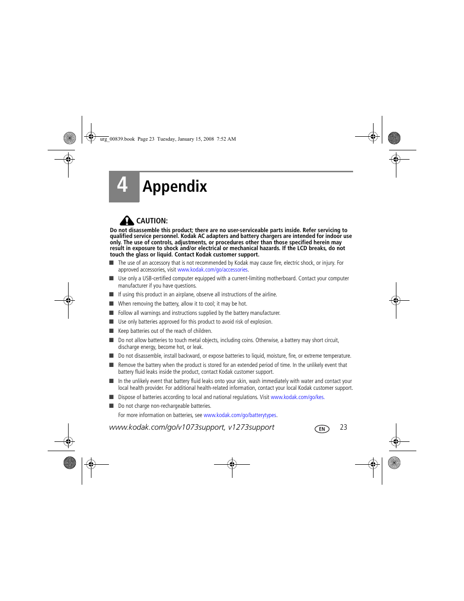 Appendix | Kodak V1073 User Manual | Page 23 / 27