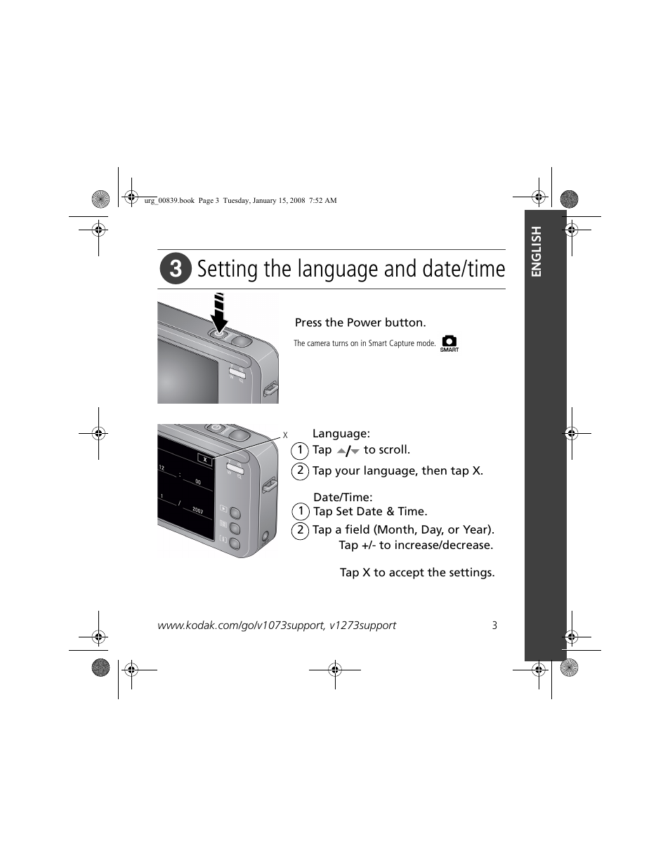 Setting the language and date/time | Kodak V1073 User Manual | Page 3 / 27