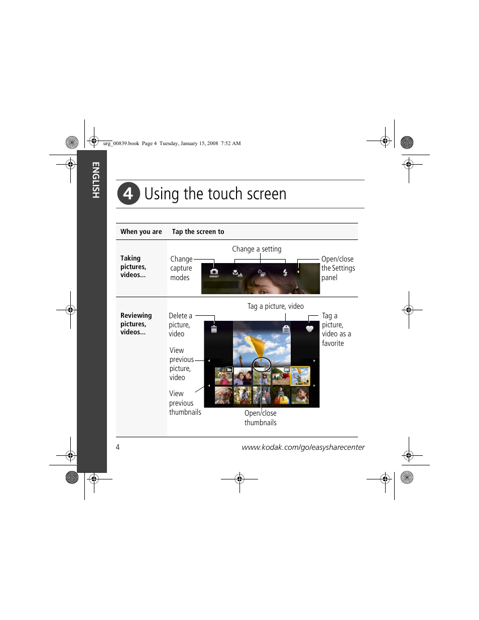Using the touch screen | Kodak V1073 User Manual | Page 4 / 27