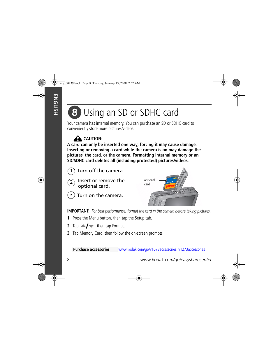 Using an sd or sdhc card | Kodak V1073 User Manual | Page 8 / 27