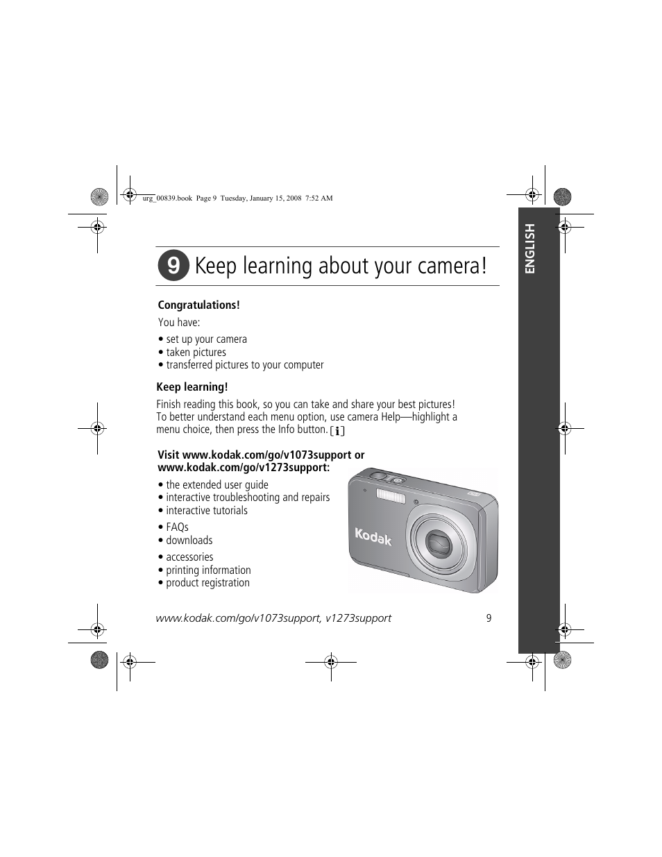 Keep learning about your camera | Kodak V1073 User Manual | Page 9 / 27