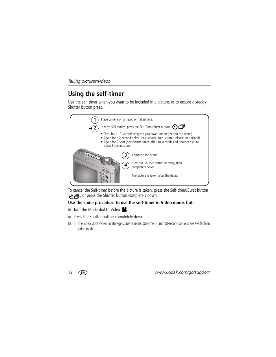 Using the self-timer | Kodak Z885 User Manual | Page 18 / 87