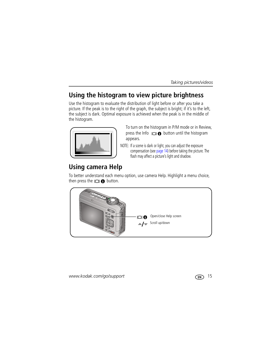 Using the histogram to view picture brightness, Using camera help | Kodak Z885 User Manual | Page 21 / 87