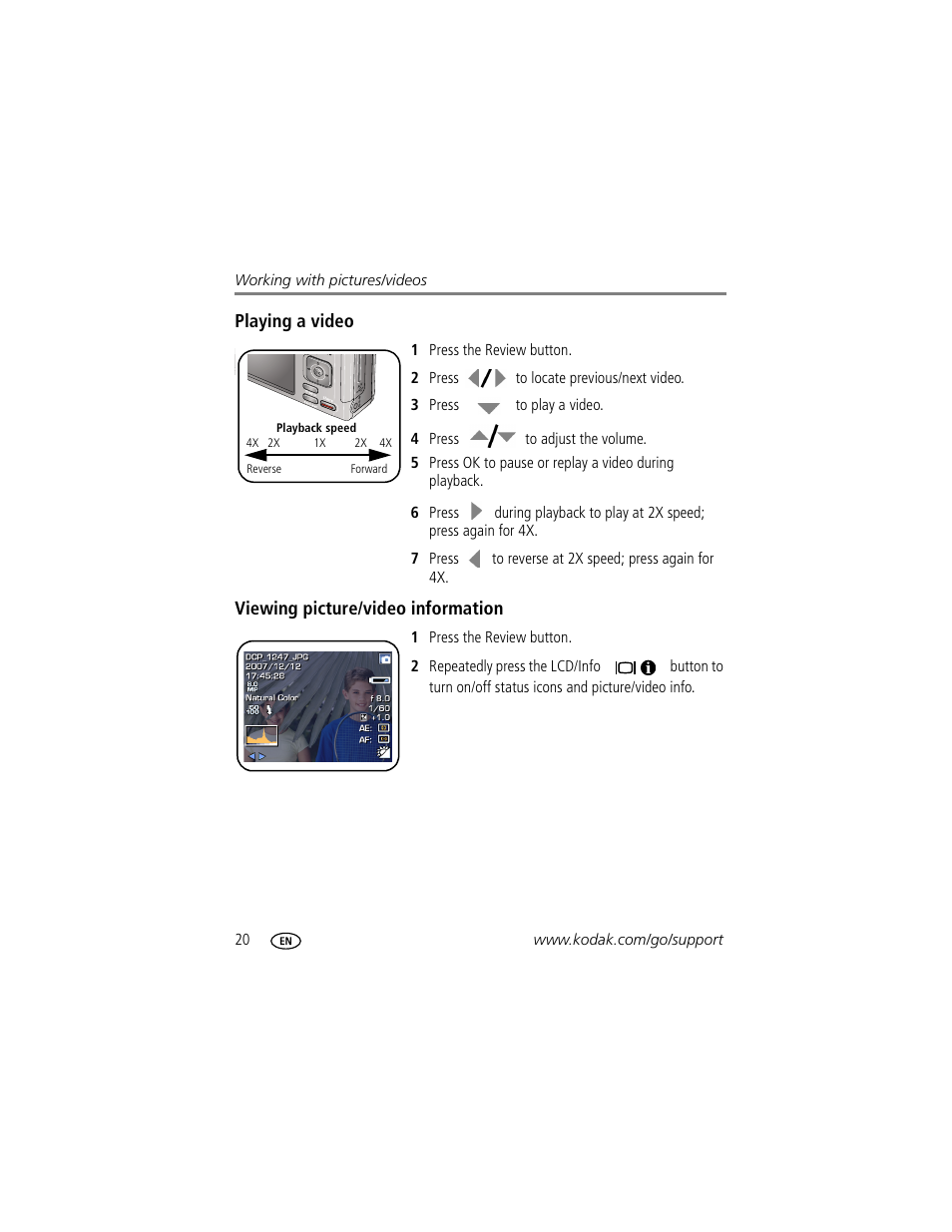 Playing a video, Viewing picture/video information | Kodak Z885 User Manual | Page 26 / 87