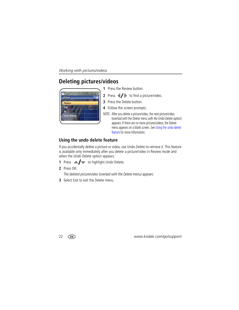 Deleting pictures/videos, Using the undo delete feature | Kodak Z885 User Manual | Page 28 / 87