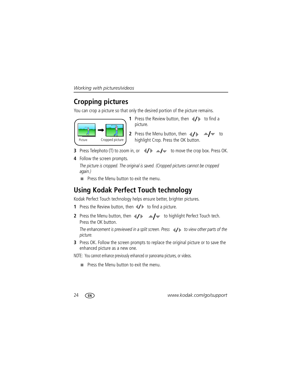 Cropping pictures, Using kodak perfect touch technology | Kodak Z885 User Manual | Page 30 / 87