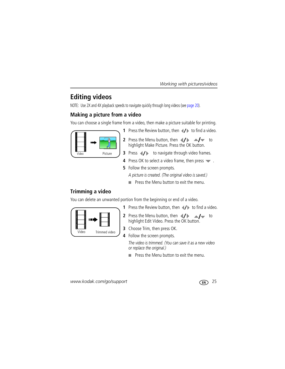 Editing videos, Making a picture from a video, Trimming a video | Kodak Z885 User Manual | Page 31 / 87