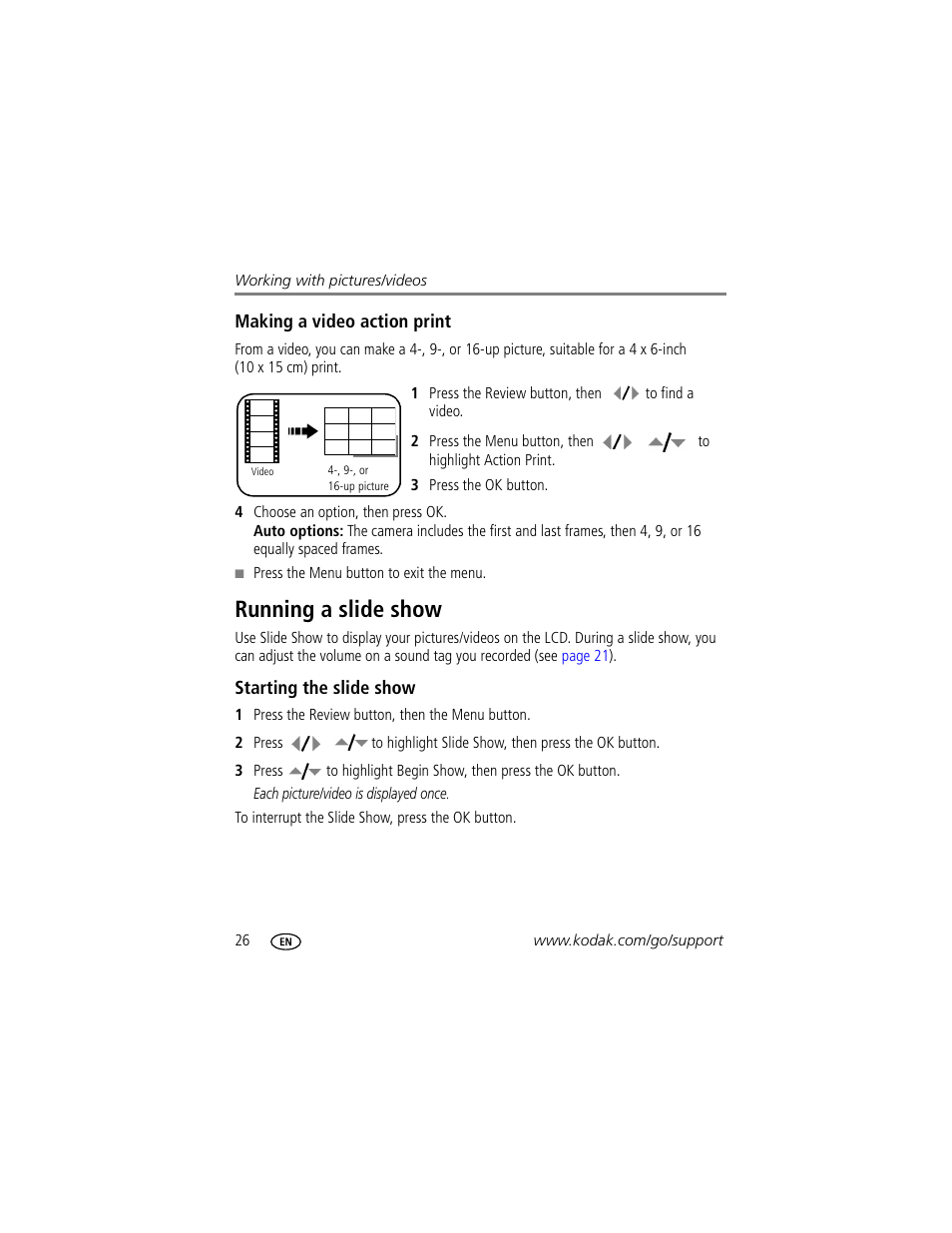 Making a video action print, Running a slide show, Starting the slide show | Kodak Z885 User Manual | Page 32 / 87