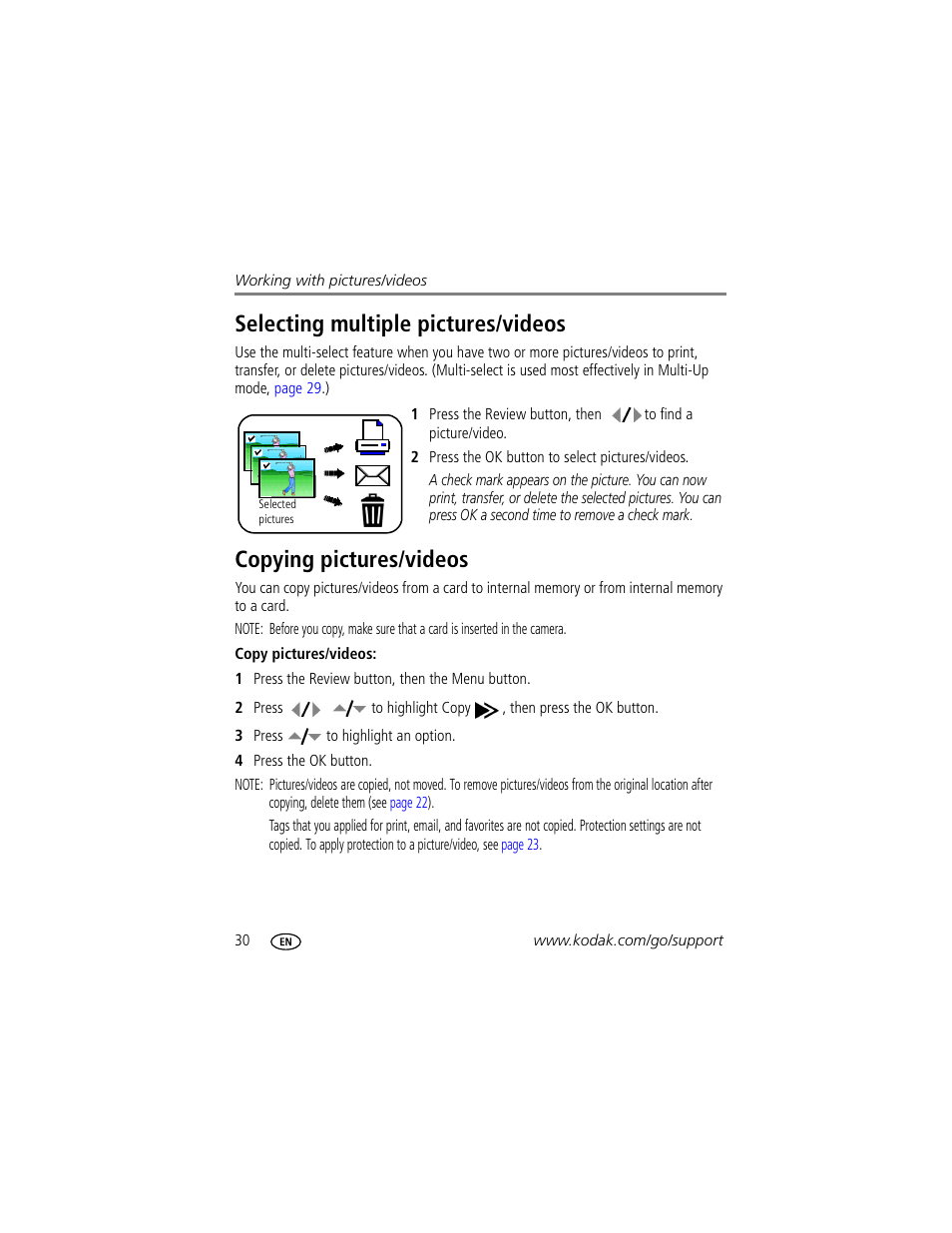 Selecting multiple pictures/videos, Copying pictures/videos | Kodak Z885 User Manual | Page 36 / 87