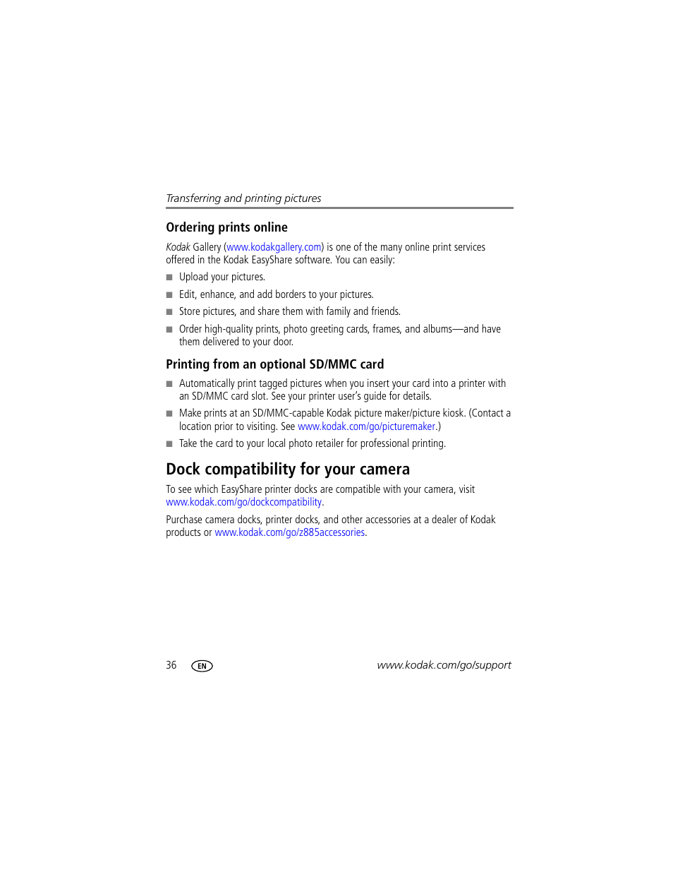 Ordering prints online, Printing from an optional sd/mmc card, Dock compatibility for your camera | Kodak Z885 User Manual | Page 42 / 87