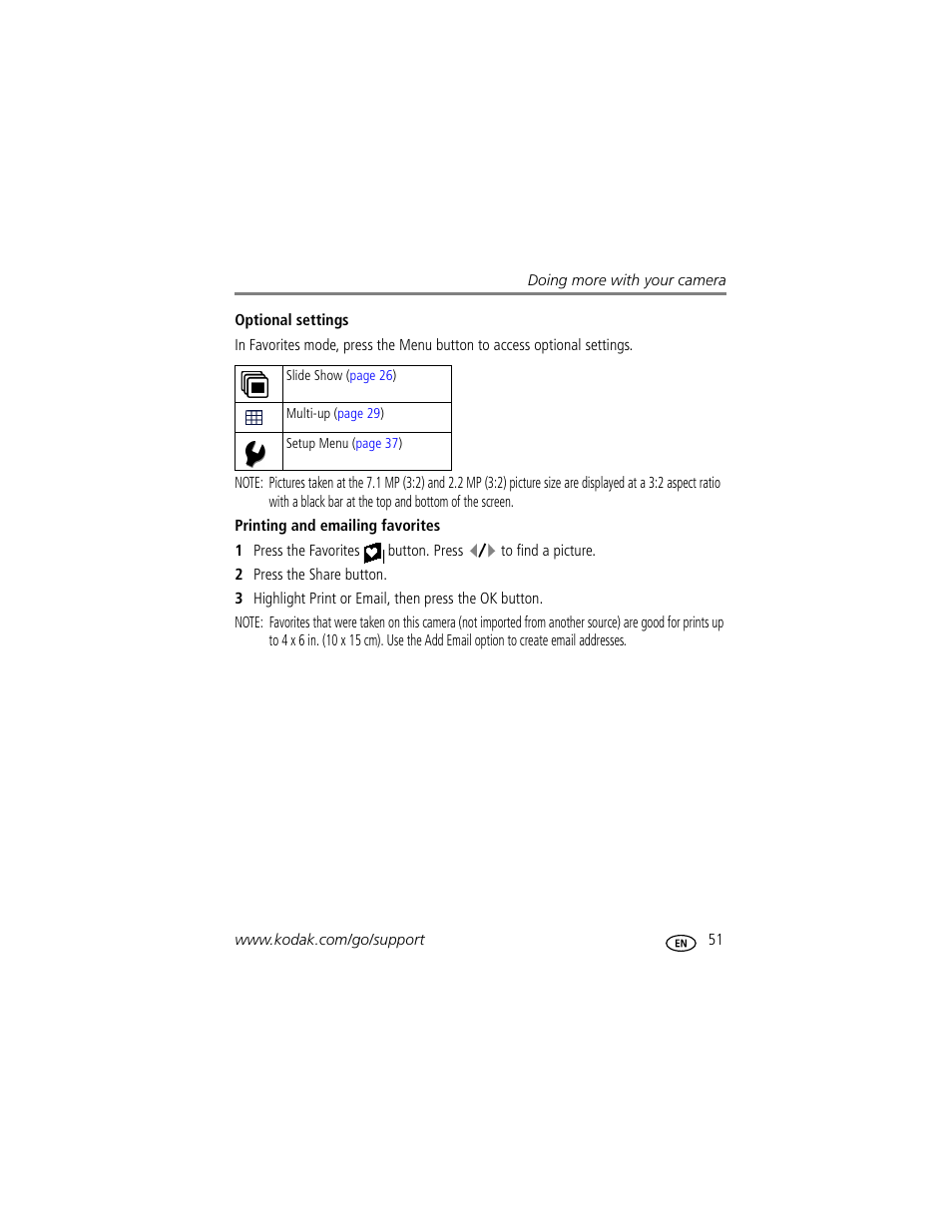 Optional settings, Printing and emailing favorites | Kodak Z885 User Manual | Page 57 / 87