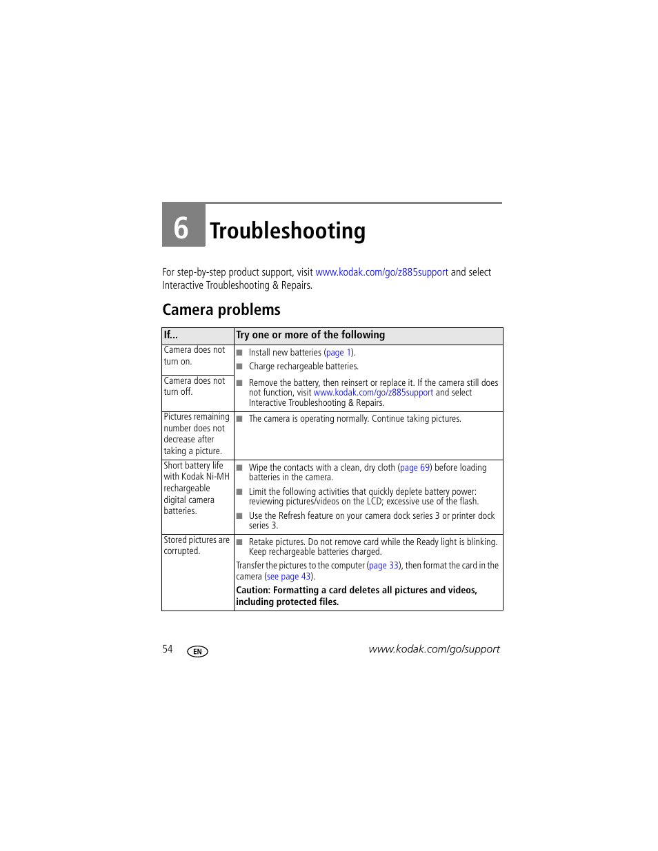 Troubleshooting, Camera problems, 6 troubleshooting | Kodak Z885 User Manual | Page 60 / 87