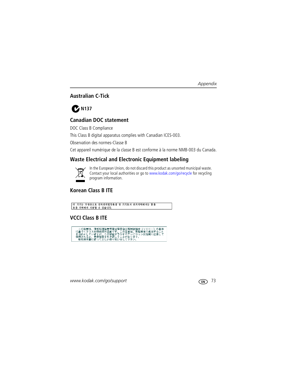 Australian c-tick, Canadian doc statement, Waste electrical and electronic equipment labeling | Korean class b ite, Vcci class b ite | Kodak Z885 User Manual | Page 79 / 87