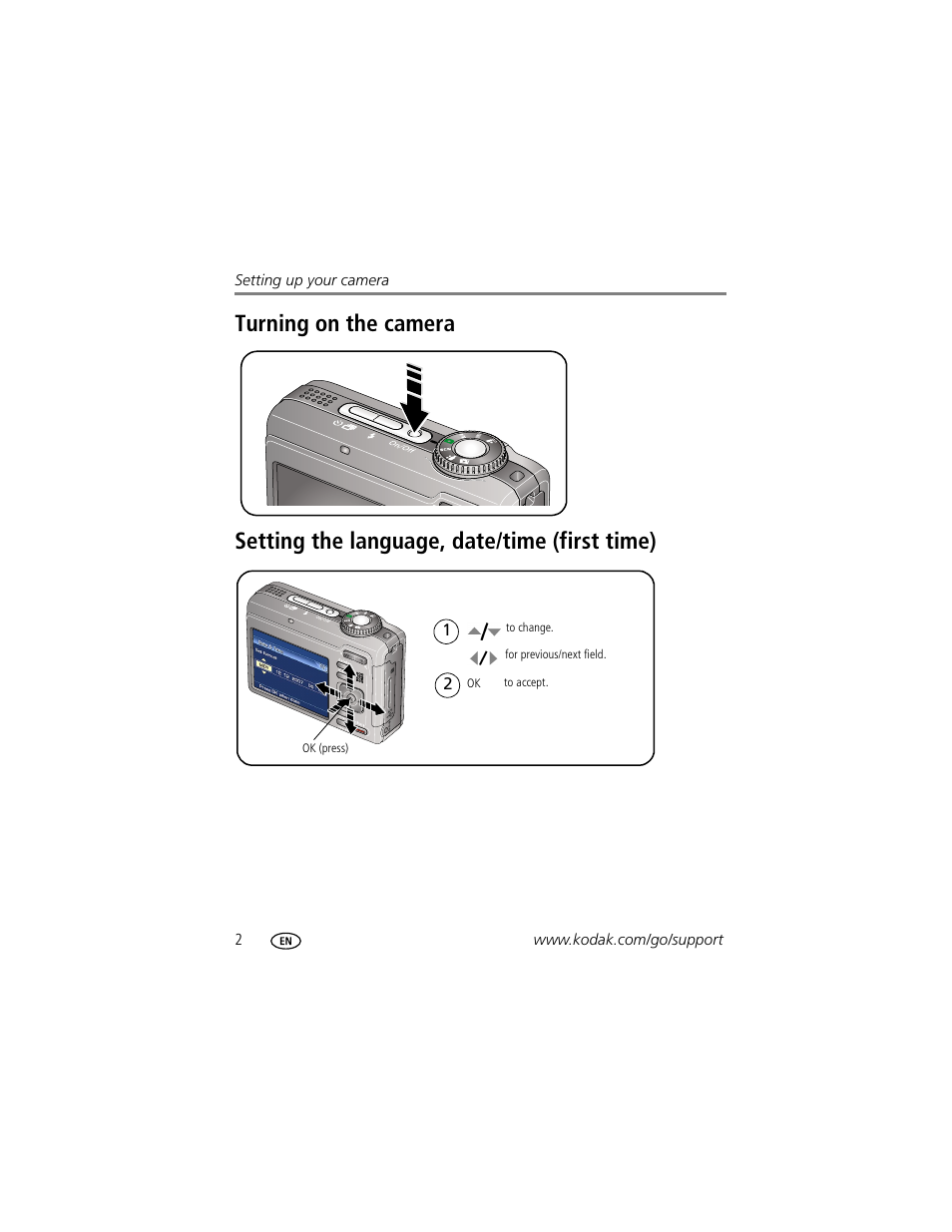 Turning on the camera, Setting the language, date/time (first time) | Kodak Z885 User Manual | Page 8 / 87