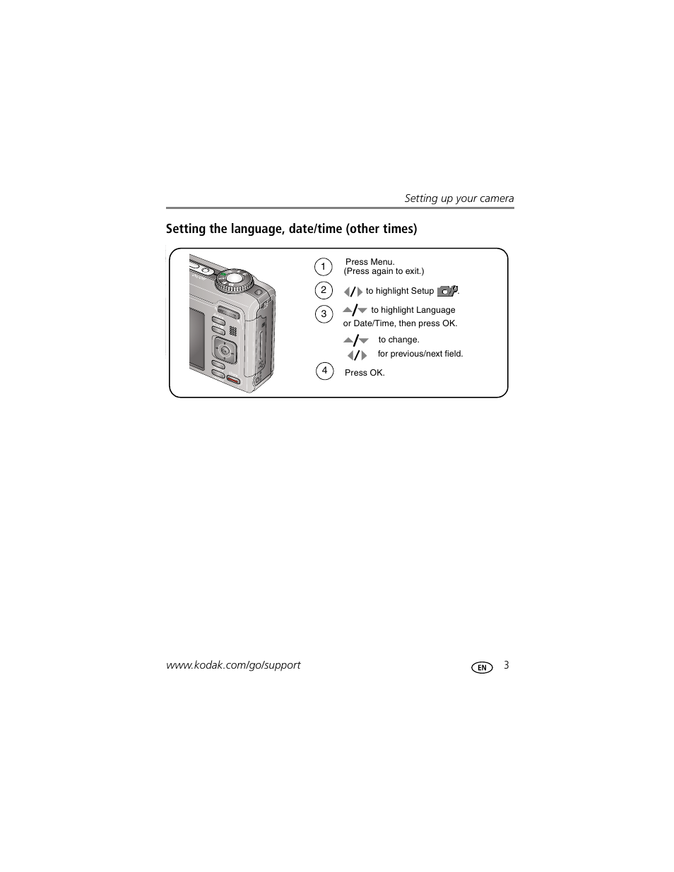 Setting the language, date/time (other times) | Kodak Z885 User Manual | Page 9 / 87